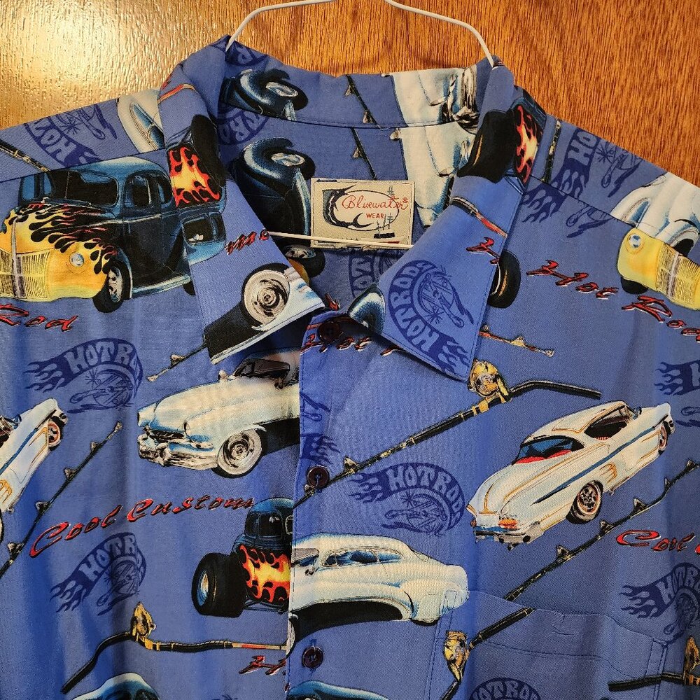 Men's 2XL Bluewater Wear Blue Hot Rod Cool Custom Short Sleeve Button Down Shirt